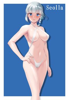 1girl absurdres armpits banpresto bare_shoulders blue_background blue_eyes blue_hair blush braid breasts character_name cleavage collarbone hair_ornament hairclip hand_on_own_hip highres large_breasts legs looking_at_viewer navel seolla_schweizer short_hair side_braid slingshot_swimsuit smile solo stomach super_robot_wars super_robot_wars_original_generation swimsuit white_slingshot_swimsuit