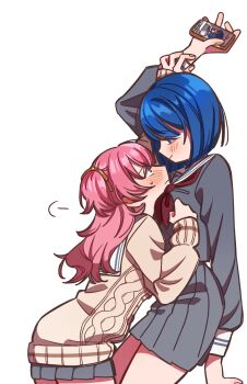 2girls 3s3677804311973 between_breasts blue_eyes blue_hair blush breasts brown_sweater cable_knit cellphone closed_mouth commentary_request face_between_breasts grey_serafuku grey_skirt head_between_breasts highres holding holding_phone kiritani_haruka momoi_airi multiple_girls neckerchief phone pink_hair pleated_skirt project_sekai red_neckerchief school_uniform serafuku short_hair simple_background skirt smartphone smile sweat sweater two_side_up white_background yuri