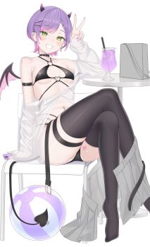 1girl :d arm_strap ball barbell_piercing beachball belt bikini black_bikini black_choker braid braided_bangs breasts chair choker commentary_request cross cross_earrings crossed_legs demon_girl demon_horns demon_tail demon_wings ear_piercing earrings gradient_hair green_eyes grey_skirt grin hair_ornament hairclip hand_up heart heart_o-ring highres hip_tattoo hololive horns industrial_piercing jewelry linea_alba miniskirt mismatched_earrings multi-strapped_bikini_bottom multi-strapped_bikini_top multicolored_hair navel_piercing o-ring o-ring_bikini o-ring_top on_chair open_belt open_mouth parallel_hairclips piercing pink_hair pleated_skirt pointy_ears purple_hair see-through_clothes see-through_shirt shirt shirt_partially_removed short_hair simple_background sitting skirt skirt_partially_removed sleeves_past_wrists small_breasts smile solo spiked_ear_piercing swept_bangs swimsuit tail tail_ornament tail_piercing tattoo thigh_strap tojo_aoi tokoyami_towa v virtual_youtuber white_shirt winged_heart winged_heart_tattoo wings