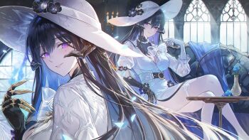 1girl asymmetrical_gloves black_gloves black_hair black_horns black_tail blue_hair breasts closed_mouth colored_inner_hair commentary_request constance_(honkai:_star_rail) crossed_legs dress fake_claws fractalmagnolia gloves hand_up hat highres honkai:_star_rail honkai_(series) horns large_breasts long_hair looking_at_viewer mismatched_gloves mole mole_under_eye multicolored_hair multiple_views parted_lips purple_eyes sitting smile solo tail white_dress white_gloves white_hat