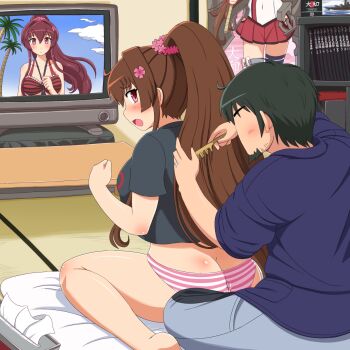 10s 1boy 1girl artist_self-insert ass bad_id bad_pixiv_id bikini black_hair breasts brown_hair brushing_another's_hair brushing_hair butt_crack covered_navel highres indoors kantai_collection large_breasts long_hair no_pants panties ponytail poster_(object) red_eyes shin'en-san_(shin'en) shin'en_(gyokuro_company) short_hair striped_clothes striped_panties swimsuit television thighhighs underwear yamato_(kancolle)