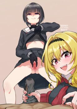 1boy 2girls :d black_eyes black_gloves black_hair black_hairband black_serafuku black_skirt blonde_hair blur_censor bra brown_background censored closed_mouth commentary_request cuddling_handjob dated gloves gluteal_fold gojarun grey_bra grey_panties hairband handjob handjob_with_panties highres idolmaster idolmaster_cinderella_girls kurosaki_chitose looking_at_viewer medium_hair multiple_girls neckerchief open_mouth panties panties_on_penis penis pink_eyes pov pussy red_neckerchief school_uniform serafuku shirayuki_chiyo short_hair simple_background skirt smile spread_pussy spreading_own_pussy teeth twintails underwear upper_teeth_only