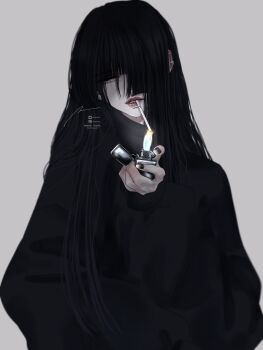 1girl black_hair cigarette fire hair_over_one_eye highres lighter lighting_cigarette long_hair mitokanqu original simple_background solo zippo_lighter