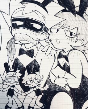 2boys alternate_costume animal_ear_hairband animal_ears animification blush blush_stickers bow bowtie carrot chibi chibi_inset commentary_request crossdressing crossdressing_(mtf) detached_collar eddsworld fake_animal_ears future_tom_(eddsworld) goggles hairband hand_on_another&#039;s_shoulder head-mounted_display heart highres holding_hands lined_paper looking_at_viewer male_focus male_playboy_bunny mettya_329 monochrome mouth_hold multiple_boys pen_(medium) rabbit_ear_hairband rabbit_ears single_blush_sticker sketch tom_(eddsworld) tord_(eddsworld) traditional_media