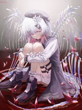 1girl beret bloomers closed_mouth colored_tips dress flower frilled_socks frills gradient_hair hair_flower hair_ornament hat highres hugging_own_legs knees_up long_sleeves looking_at_viewer mahou_shoujo_no_majo_saiban multicolored_hair o-ring o-ring_thigh_strap pink_eyes pink_hair sakuraba_ema sakuratani_hane shirt sitting skeleton socks solo thigh_strap underwear white_bloomers white_flower white_hair white_shirt white_socks x_hair_ornament