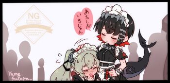 Rule 34 | 2girls, artist name, black dress, breasts, closed eyes, colored inner hair, commentary request, corin wickes, dress, ellen joe, fins, fish tail, flying sweatdrops, green hair, hair between eyes, hand on own hip, headpat, long hair, maid, maid headdress, multicolored hair, multiple girls, multiple others, people, puffy short sleeves, puffy sleeves, red hair, red nails, screw hair ornament, shark girl, shark tail, short sleeves, sweat, tail, translation request, twintails, yumefukura, zenless zone zero