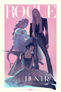 Rule 34 | 3girls, black hair, black jacket, black pants, black shoes, braid, braided ponytail, chuwenjie, commentary, cover, double bun, dress, earrings, fake magazine cover, full body, group name, hair bun, hanbok, highres, jacket, jewelry, korean clothes, kpop demon hunters, long hair, magazine cover, mira (kpop demon hunters), multiple girls, pants, pink background, pink hair, rumi (kpop demon hunters), shoes, short bangs, sidelocks, sitting, zoey (kpop demon hunters)