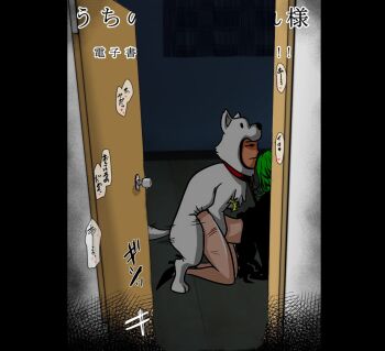 Rule 34 | 1boy, 1girl, bankenman, costume, dog suit, doggystyle, doorway, green hair, hetero, one-punch man, sex, sex from behind, tatsumaki
