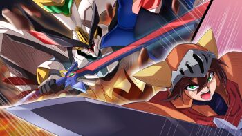 Rule 34 | 1boy, adeu warsam, brown hair, cut-in, green eyes, haou taikei ryuu knight, helmet, holding, holding shield, holding sword, holding weapon, mecha, robot, ryu paladin lord zephyr, shield, shimazu kaname, sword, visor (armor), weapon