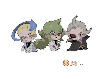 Rule 34 | 3boys, black cloak, blonde hair, blue necktie, cloak, colress (pokemon), embarrassed, ghetsis (pokemon), glasses, gloves, green hair, grey hair, grimace, hair between eyes, highres, jacket, male focus, multiple boys, n (pokemon), necktie, nintendo, open mouth, pokemon, pokemon bw2, short hair, simple background, suta 5255, v-shaped eyebrows, white background, white gloves, white jacket