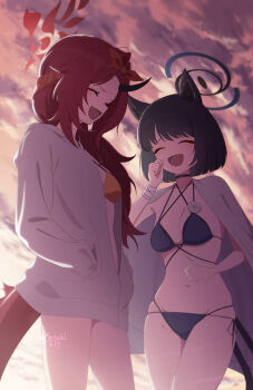 2girls animal_ear_fluff animal_ears bangs_pinned_back bikini black_hair blue_archive blue_bikini blue_halo blush cat_ears cat_girl cat_tail closed_eyes dragon_girl dragon_horn dragon_tail grey_haori grey_jacket hairband halo hands_in_pockets highres horns jacket kikyou_(blue_archive) kikyou_(swimsuit)_(blue_archive) laughing long_hair meruki multiple_girls multiple_tails navel official_alternate_costume official_alternate_hairstyle open_mouth orange_hairband red_hair red_halo renge_(blue_archive) renge_(swimsuit)_(blue_archive) short_hair single_horn sky stomach swimsuit tail two_tails yellow_bikini
