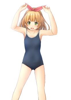 1girl :d arms_up blonde_hair blue_one-piece_swimsuit commentary_request competition_school_swimsuit green_eyes hair_ribbon highres looking_at_viewer medium_hair one-piece_swimsuit open_mouth original partial_commentary red_ribbon ribbon school_swimsuit shibacha simple_background smile solo swimsuit white_background