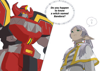 Rule 34 | 1girl, ?, capelet, closed mouth, commentary, cowboy shot, daizyuzin, earrings, elf, english commentary, english text, frieren, green eyes, grey hair, highres, jewelry, kyouryuu sentai zyuranger, long hair, mecha, pointy ears, robot, sendalman, simple background, sousou no frieren, speech bubble, spoken question mark, super sentai, white background, white capelet