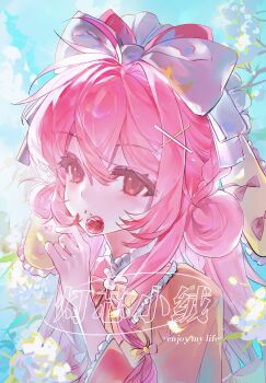 1girl ahoge animal_ears blue_sky bow braid candy cloud commission dengxin_xiao_rong eyelashes fake_animal_ears flower food frills hair_between_eyes hair_bow hair_ornament highres holding holding_candy holding_food holding_lollipop lollipop long_hair looking_at_viewer mihuashi_commission original outdoors parted_lips pink_eyes pink_hair sidelocks single_hair_intake sky solo sunlight upper_body watermark white_bow white_flower yellow_bow