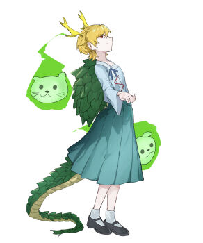 Rule 34 | 1girl, absurdres, antlers, black shoes, blonde hair, blue shirt, blue skirt, closed mouth, commentary request, corrupted twitter file, dragon girl, dragon horns, dragon tail, green scales, highres, horns, kicchou yachie, light smile, long sleeves, looking at viewer, mary janes, otter spirit (touhou), pleated skirt, pointy ears, red eyes, shirt, shoes, short hair, simple background, skirt, socks, square neckline, tail, takoyaki5221, touhou, turtle shell, white background, white socks, wide sleeves, yellow horns