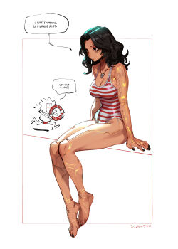 1girl 1other 2025 absurdres arm_tattoo barefoot black_eyes black_hair breasts character_request clair_obscur:_expedition_33 commentary dated english_commentary facial_tattoo foot_tattoo gold_tattoo hand_tattoo highres jewelry julian_futanto large_breasts leg_tattoo lifebuoy long_hair lune_(clair_obscur:_expedition_33) male_swimwear monoco_(clair_obscur:_expedition_33) necklace one-piece_swimsuit outside_border red_eyes red_swim_trunks simple_background sitting speech_bubble striped_clothes striped_one-piece_swimsuit swim_ring swim_trunks swimsuit tattoo thighs wavy_hair