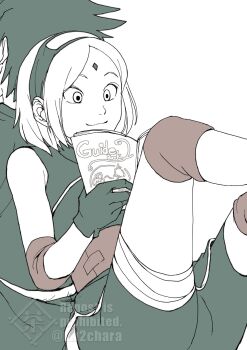 1boy 1girl back-to-back bike_shorts book chara_no7 commentary_request facial_mark forehead_mark forehead_protector gloves greyscale hairband haruno_sakura highres holding holding_book monochrome naruto:_the_last naruto_(series) reading sitting smile spot_color twitter_username uchiha_sasuke watermark