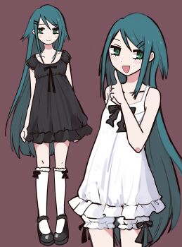 1girl absurdres alternate_costume bare_shoulders black_dress black_shoes blush brown_background closed_mouth collarbone commentary_request dress finger_to_mouth flat_chest frilled_dress frilled_socks frilled_thigh_strap frills green_eyes green_hair hair_between_eyes hair_flaps hair_ornament hairclip highres karasuda_hidemi kneehighs long_hair looking_at_viewer looking_to_the_side mary_janes open_mouth ribbon saya_(saya_no_uta) saya_no_uta shoes simple_background sleeveless sleeveless_dress smile socks thigh_strap very_long_hair white_dress white_socks