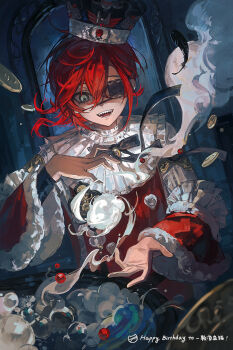 1girl absurdres black_bow black_bowtie black_hat blue_eyes bow bowtie dated eyepatch feathers fur-trimmed_sleeves fur_trim hair_between_eyes hands_up happy_birthday hat highres huang_du_du long_sleeves open_mouth orb original red_hair red_shirt sharp_teeth shirt short_hair smile solo teeth upper_body wide_sleeves