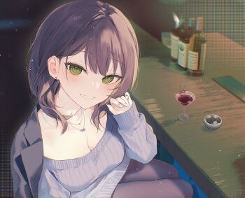 1girl black_jacket bottle breasts brown_hair brown_pantyhose cleavage cocktail_glass commentary_request cup drink drinking_glass earrings green_eyes grey_sweater hand_up heart heart_earrings jacket jacket_on_shoulders jewelry long_sleeves looking_at_viewer mature_female medium_breasts nail_polish off-shoulder_sweater off_shoulder official_art original pantyhose puffy_long_sleeves puffy_sleeves ribbed_sweater silltare sitting sleeves_past_wrists smile solo sweater white_nails