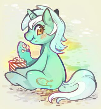 animal animal_focus commentary cutie_mark eating english_commentary food from_behind full_body green_hair green_theme hooves horse long_hair looking_at_viewer looking_back lyra_heartstrings mi-eau my_little_pony my_little_pony:_friendship_is_magic no_humans pony_(animal) popcorn sitting smile solo tail unicorn yellow_eyes
