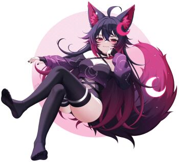 1girl :3 ahoge animal_ears ass bare_shoulders black_choker black_hair black_leotard black_nails black_shirt black_thighhighs breasts choker cleavage closed_mouth commentary commission covered_navel criss-cross_halter crop_top crossed_legs english_commentary fox_ears fox_girl fox_tail gradient_hair halterneck highres indie_virtual_youtuber kiyochii leotard long_hair long_sleeves looking_at_viewer medium_breasts multicolored_hair mysticlight_(vtuber) nail_polish no_shoes off_shoulder original red_eyes red_hair shirt simple_background smile smug solo tail thighhighs toes v-shaped_eyebrows very_long_hair white_background