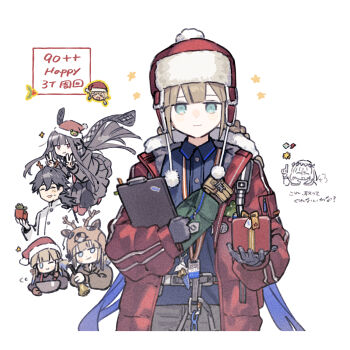 &gt;_&lt; 1girl 6+boys androgynous animal_ears animal_hat antlers aqua_eyes arrow_(symbol) bell black_gloves black_hair black_jacket black_scarf black_skirt blonde_hair blue_eyes blue_hair blue_shirt blunt_bangs blush_stickers bow box braid brown_gloves buttons captain_nemo_(fate) captain_nemo_(santa)_(fate) chain clenched_hand clipboard closed_eyes closed_mouth collared_shirt crown deer_antlers deer_ears deer_hat double_v engineer_nemo_(fate) fake_animal_ears fake_antlers fate/grand_order fate_(series) floating_clothes floating_hair flying frog_hat_ornament fur-trimmed_headwear fur_trim gift gift_box gloves gradient_hair half-closed_eyes hand_up hands_up hat hat_ornament highres hime_cut holding holding_bell holding_box holding_clipboard holding_whisk horns id_card index_finger_raised jacket jingle_bell long_hair long_sleeves looking_at_viewer low_ponytail low_twintails mandarin_collar marine_nemo_(fate) mistletoe mixing mixing_bowl multicolored_hair multiple_boys necktie nemo_(fate) oberon_(fate) official_alternate_costume one_eye_closed open_clothes open_jacket open_mouth oryou_(fate) pantyhose pleated_skirt pocket pom_pom_(clothes) ponytail professor_nemo_(fate) puffy_long_sleeves puffy_sleeves red_eyes red_hat red_jacket red_necktie red_pantyhose rizu033 sakamoto_ryouma_(fate) santa_hat scarf shirt simple_background skirt smile standing star_(symbol) star_print sweatdrop twin_braids twintails upper_body v whisk white_background white_shirt yellow_bow zipper