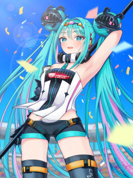 1girl absurdres aqua_hair aqua_trim arm_up armpits black_gloves black_shorts braid braided_bun commentary_request double_bun gauntlets gloves goodsmile_company goodsmile_racing hair_bun hatsune_miku headband headphones headphones_around_neck highres holding holding_polearm holding_weapon long_hair looking_at_viewer looking_up maarin_(59567861) multicolored_hair official_alternate_costume official_alternate_hairstyle open_mouth pink_hair polearm race_queen racing_miku racing_miku_(2026) short_shorts shorts single_gauntlet single_glove smile solo teeth twintails vocaloid weapon