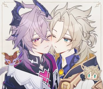 Rule 34 | 2boys, ahoge, albedo (genshin impact), blush, coojisan, crossed bangs, dragon, dragon boy, dragon horns, durin (genshin impact), genshin impact, highres, horns, looking at another, mini durin (genshin impact), multiple boys, one eye closed, ponytail, short ponytail, smile, vision (genshin impact), white background