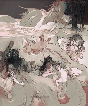 1futa 1girl animal_penis barefoot covered_face dress extra_penises fellatio fingering fishing_net from_above futa_with_female futanari glowing glowing_eyes hand_on_another's_chest hand_on_another's_head huge_clitoris interspecies long_hair mermaid monochrome monster monster_girl oral original partially_submerged penis prone_bone pussy reverse_upright_straddle sequential sex sex_from_behind straddling vaginal water xxxenokun