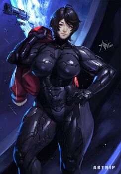 1girl armor armored_bodysuit artnip black_hair bodysuit breasts contrapposto earth_(planet) halo_(series) hand_on_own_hip hand_up large_breasts looking_at_viewer original planet plump short_hair solo space spacecraft standing thick_thighs thighs