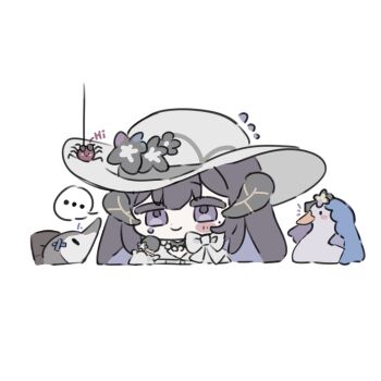 ... 1girl animalization bird black_swan_(honkai:_star_rail) blush bow bug chibi chibi_only chinese_commentary closed_mouth constance_(honkai:_star_rail) demon_girl demon_horns dolphin dress english_text flower_as_hat flying_sweatdrops friends from_side goose grey_bow grey_dress grey_hat hair_between_eyes hair_ornament hairclip hat highres honkai:_star_rail honkai_(series) horns hysilens_(honkai:_star_rail) jewelry kafka_(honkai:_star_rail) light_smile long_hair long_sleeves multicolored_hair necklace nekooooowo nervous_sweating person_and_animalization purple_eyes purple_hair simple_background solo_focus speech_bubble spider sun_hat sunglasses sweat two-tone_hair upper_body veil white_background