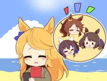 4girls :d animal_ears blonde_hair blush brown_hair brown_jacket character_request chibi chibi_only closed_eyes commentary_request daitaku_helios_(umamusume) ear_covers gold_city_(umamusume) gomashio_(goma_feet) horse_ears horse_girl jacket long_hair long_sleeves mejiro_palmer_(umamusume) multicolored_hair multiple_girls open_clothes open_jacket open_mouth phone red_shirt shirt short_hair smile streaked_hair tosen_jordan_(umamusume) twintails umamusume