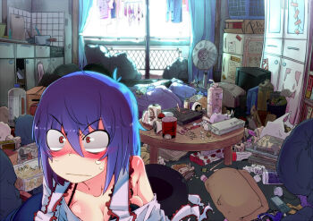 1girl absurdly_detailed_composition ahoge amazon_(company) anal_beads basket battery blanket blush book bookshelf bottle box bra breasts broken cabinet can cellphone chips_(food) chopsticks cleavage clothes_writing commentary_request condom condom_packet_strip condom_wrapper console constricted_pupils contemporary controller crack cup dr_pepper drink_carton drinking_straw egg_vibrator female_focus fence food french_fries futon game_console game_controller hand_fan hat inconspicuous_sex_toy instant_cup_noodles instant_noodles joystick korean_text lid lingerie loaded_interior medium_breasts messy messy_room milk_carton nagae_iku nervous noodles off_shoulder panties pants paper paper_fan phone pillow pizza pot product_placement purple_hair ramen red_eyes refrigerator rice_cooker room sakurai_energy sex_toy shawl slice_of_life solo star_(symbol) stone stove sunlight sweat table tape television tissue tissue_box touhou towel trash trash_can uchiwa underwear unworn_hat unworn_headwear vibrator