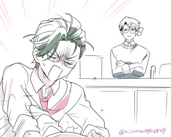 Rule 34 | 2boys, closed eyes, closed mouth, collared shirt, cooking pot, crossed arms, emphasis lines, faucet, glasses, green hair, grey sweater, hitotsubashi ayato, hitotsubashi ayato (1st costume), itsuki sakyo, male focus, multiple boys, necktie, nijisanji, ninahachi, open mouth, pink necktie, shirt, simple background, smile, sweater, twitter username, v-shaped eyebrows, virtual youtuber, white background, white shirt