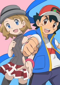 1boy 1girl ash_ketchum baseball_cap black_hair black_thighhighs blonde_hair blue_eyes breasts brown_eyes couple hat highres jacket looking_at_viewer nintendo open_mouth pokemon pokemon_(anime) pokemon_journeys pokemon_swsh105 ribbon serena_(pokemon) shirt short_hair skirt smile t-shirt thighhighs wing_collar yusuke_oshida