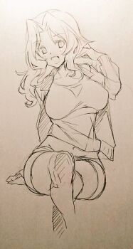 1girl :d blush breasts collarbone commentary_request cropped_legs crossed_legs girls_und_panzer groin hand_in_own_hair ikeda_sakura jacket kay_(girls_und_panzer) large_breasts long_hair long_sleeves looking_at_viewer midriff monochrome navel open_clothes open_jacket open_mouth shirt short_shorts shorts simple_background sitting sketch smile solo tank_top thighhighs thighs traditional_media