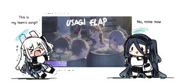 >_< 2girls :d absurdly_long_hair absurdres animal_ears aris_(blue_archive) black_hair black_skirt blue_archive borrowed_character bulletproof_vest cameo chibi collared_shirt english_text fake_animal_ears game_screenshot hair_between_eyes hairband halo highres long_bangs long_hair long_hair_between_eyes long_sleeves miyako_(blue_archive) miyu_(blue_archive) moe_(blue_archive) multiple_girls one_side_up open_mouth pleated_skirt pulling rabbit_ears saki_(blue_archive) school_uniform serafuku sesield shirt sidelocks sketch skirt smile very_long_hair white_hair