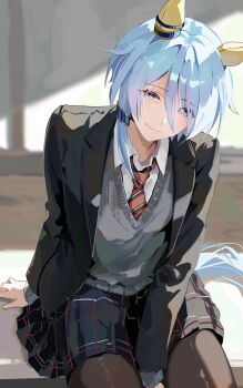 1girl absurdres alternate_costume animal_ears black_jacket black_pantyhose black_skirt blue_hair cardigan closed_mouth commentary_request ear_covers grey_cardigan head_tilt highres horse_ears horse_girl horse_tail jacket k.s.miracle_(umamusume) long_sleeves looking_at_viewer miniskirt open_clothes open_jacket pantyhose pleated_skirt school_uniform short_hair skirt smile solo tail umamusume yoojp