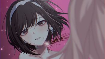 1girl 1other akiyama_mizuki alien_stage blood blood_from_neck blood_spray braid brown_eyes brown_hair commentary cosplay earrings english_commentary hairband highres jewelry miyotastic neck_tattoo pearl_earrings pink_background pink_hair project_sekai shinonome_ena short_hair smile sphere_earrings sua_(alien_stage) sua_(alien_stage)_(cosplay) tattoo white_hairband