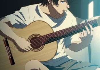 1boy 1girl 2010s 2011 age_difference blue_eyes game_cg guitar instrument jellyfish_(company) kamimura_akiko keisuke_(sisters) kouzaka_kouhei music older_female_and_younger_male orange_tank_top playing_instrument shirt shorts shy sisters_~natsu_no_saigo_no_hi~ stepmother_and_stepson t-shirt taki_minashika tank_top visual_novel