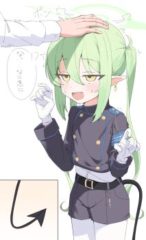 Rule 34 | !?, 1boy, 1girl, absurdres, belt, black shorts, blue archive, blush, buttons, commentary, cowboy shot, demon tail, double-breasted, fang, gloves, green hair, green halo, halo, hand on another's head, hands up, headpat, highres, long hair, long sleeves, no headwear, nozomi (blue archive), pantyhose, pita goral, pointy ears, sensei (blue archive), short shorts, shorts, simple background, skin fang, solo focus, sound effects, speech bubble, sweatdrop, tail, translated, twintails, white background, white gloves, white pantyhose, yellow eyes