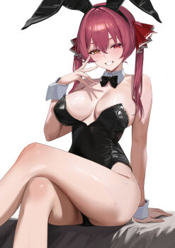 1girl animal_ear_hairband animal_ears bare_legs bare_shoulders black_bow black_bowtie black_leotard bow bowtie breasts commentary_request crossed_legs detached_collar fake_animal_ears grin hairband hand_up haro_art heterochromia highres hololive houshou_marine large_breasts leotard long_hair playboy_bunny rabbit_ear_hairband rabbit_ears red_eyes red_hair simple_background sitting smile solo thighs twintails virtual_youtuber white_background wrist_cuffs yellow_eyes
