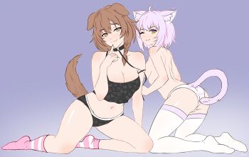 2girls absurdres anb_(anb_draws) animal_ears black_camisole black_choker black_panties braid breasts brown_eyes brown_hair camisole cat_ears cat_girl cat_tail choker cleavage commentary dog_ears dog_girl dog_tail english_commentary fang futo-inu highres hololive hoso-inu inugami_korone kneeling medium_breasts multicolored_eyes multiple_girls nekomata_okayu o-ring o-ring_choker one_eye_closed panties print_panties purple_eyes purple_hair side_braid smile socks strap_slip striped_clothes striped_panties striped_socks tail thighhighs topless_female two-tone_eyes underwear virtual_youtuber white_thighhighs yellow_eyes