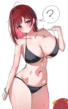 1girl ? absurdres akane_lize arm_at_side bikini black_bikini blush breasts closed_mouth collarbone cowboy_shot dated_commentary grey_eyes hand_up highres imminent_wardrobe_malfunction large_breasts medium_hair mole mole_under_eye multicolored_hair navel parted_bangs pienna_(akane_lize) red_hair simple_background solo sparkling_eyes speech_bubble spoken_question_mark standing stellive stomach strap_pull streaked_hair string_bikini sweat swimsuit virtual_youtuber white_background yeomhwauranyum
