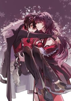 1boy 1girl absurdres arms_around_neck ayn_alwyn ayn_alwyn_(awakening) bare_shoulders belt_charm black_background black_coat black_hair black_jacket black_pants black_shirt black_shoes braid breasts carrying charm_(object) china_dress chinese_clothes chinese_commentary cleavage closed_mouth coat coat_on_shoulders commentary_request cowboy_shot criss-cross_halter dress earrings eye_contact from_side full_body fur-trimmed_coat fur_trim gradient_background grimace hair_between_eyes halterneck heroine_(lovebrush_chronicles) highres jacket jewelry long_sleeves looking_at_another lovebrush_chronicles male_focus off_shoulder official_alternate_costume one_eye_closed pants parted_lips princess_carry profile purple_eyes red_dress red_eyes red_lips red_vest reverse_princess_carry shirt shoes short_hair side_braid sleeveless sleeveless_dress sleeves_past_wrists smile snowflake_background snowflakes standing suspenders thigh_strap vest white_background zhuo_nian