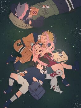 1girl 3boys animal animal_on_shoulder arms_behind_back bag bandaged_leg bandages bike_shorts black_hair black_hairband black_headband black_pants black_shirt black_shoes blonde_hair book_on_face cat cat_on_chest cat_on_shoulder child closed_eyes dress flower full_body grass green_vest grey_hair hairband hanarteoficial haruno_sakura hatake_kakashi head_wreath headband highres jacket multiple_boys naruto_(series) open-toe_shoes open_mouth orange_jacket orange_pants pants parted_bangs pink_flower pink_hair red_dress shirt shoes short_hair shorts sleeping smile spiked_hair team_7_(naruto) uchiha_sasuke uzumaki_naruto vest white_shorts