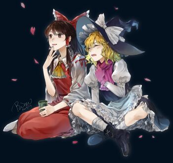 2girls absurdres aihara-rina apron ascot black_background black_dress black_hat black_vest blonde_hair bow brown_eyes brown_hair cherry_blossoms chinese_commentary closed_eyes commentary_request dated detached_sleeves dress frilled_dress frilled_hat frills gloves hair_bow hair_tubes hakurei_reimu hat highres kirisame_marisa long_hair long_sleeves multiple_girls open_mouth purple_gloves purple_scarf red_bow red_skirt red_vest ribbon-trimmed_sleeves ribbon_trim scarf shirt signature sitting skirt socks touhou vest waist_apron white_bow white_shirt white_socks witch_hat yellow_ascot