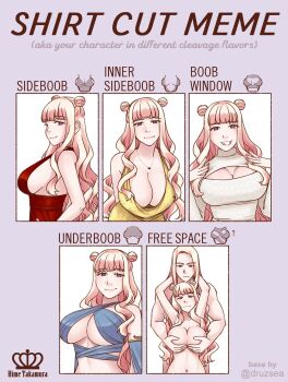 1boy 1girl artist_name blonde_hair breasts brother_and_sister cleavage cleavage_cutout clothing_cutout commentary criss-cross_halter double_bun dress english_commentary english_text grabbing_another&#039;s_breast grabbing_from_behind groping hair_bun halterneck height_difference highres hime_takamura incest jewelry kayldrin_teravathinia large_breasts long_hair multiple_drawing_challenge navel necklace original plunging_neckline purple_eyes sagging_breasts shirt_cut_meme siblings sideboob smile thyra_teravathinia twincest twins underboob watermark yellow_dress