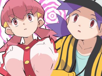 2girls baseball_cap breasts brown_eyes buttons casey_(pokemon) collarbone commentary_request empty_eyes hair_ornament hairclip hat hitsugi_mc jacket large_breasts long_hair looking_up mind_control multiple_girls nintendo open_mouth pink_eyes pink_hair pokemon pokemon_(anime) pokemon_(classic_anime) pokemon_hgss purple_hair shirt twintails white_hat white_jacket whitney_(pokemon) yellow_jacket